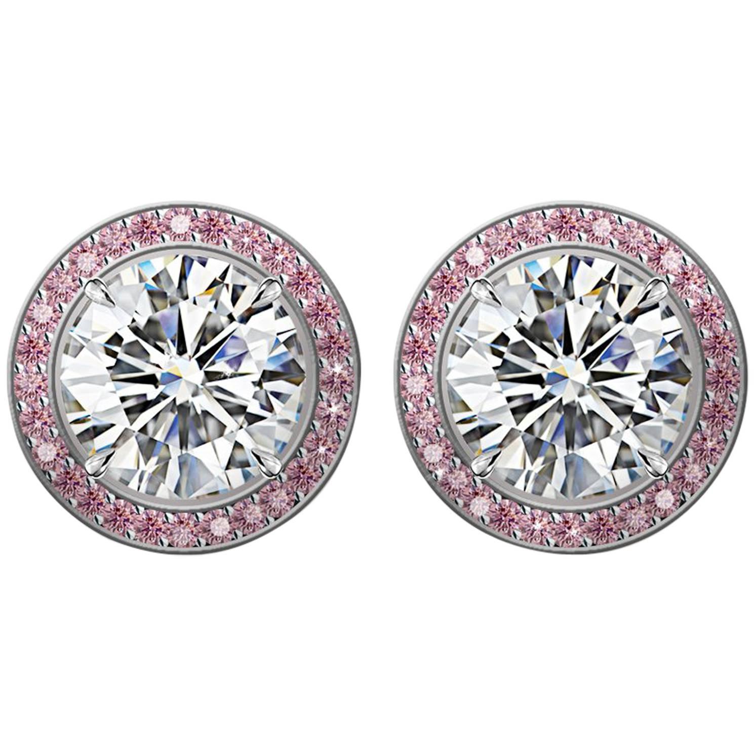 Hugo & Haan GIA Certified Platinum White Diamond and Pink Sapphire Stud Earrings For Sale