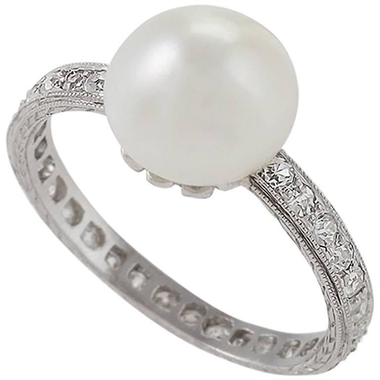 Natural Pearl Diamond Platinum Ring For Sale