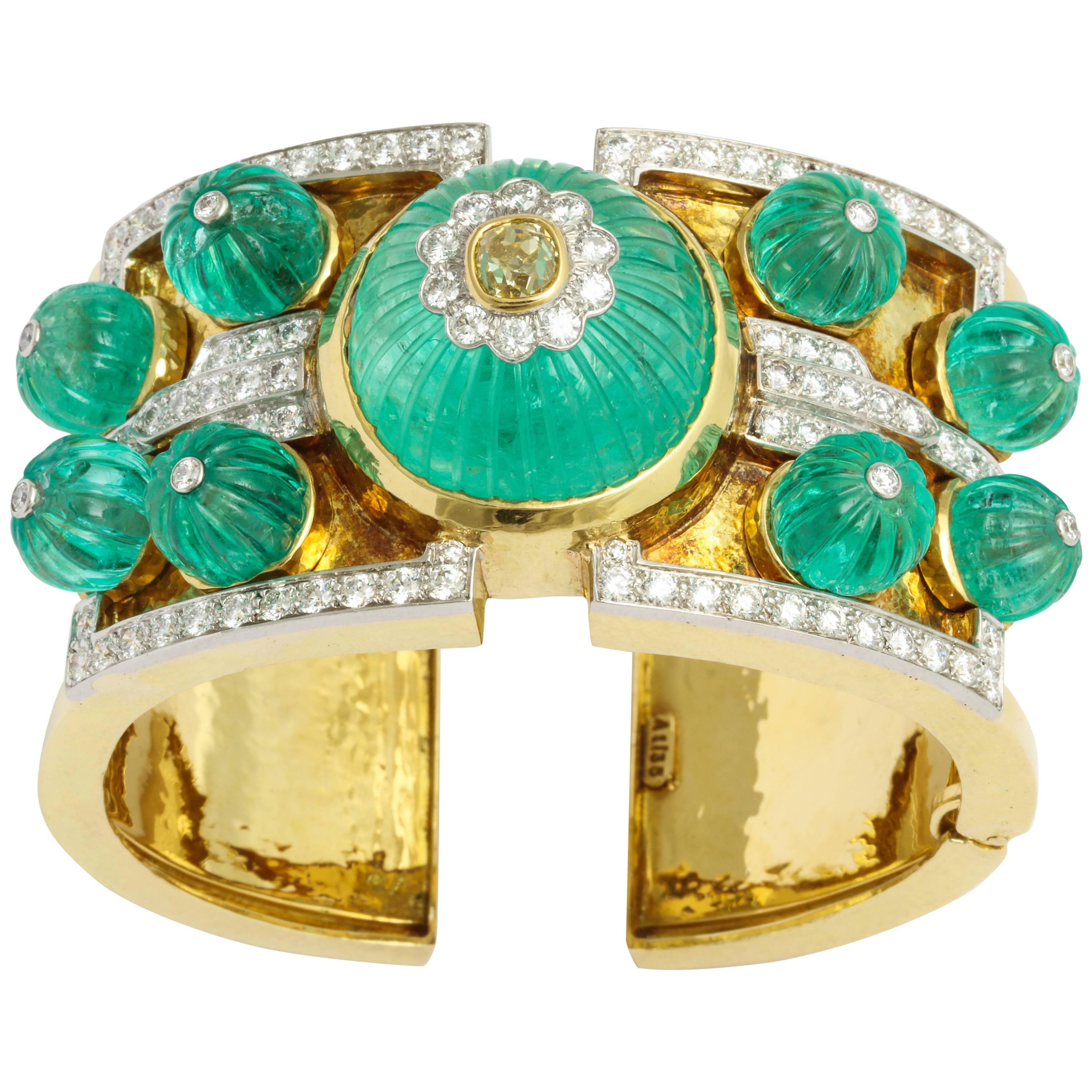 David Webb Carved Emerald Diamond Gold Bangle Bracelet