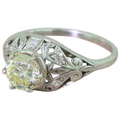 Edwardian 1.25 Light Yellow Old Cut Diamond Platinum Engagement Ring Edwardian 1.25 Light Yellow Old Cut Diamond Platinum Engagement Ring