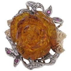 Vintage Diamond Ruby and Resin Amber Rose  Gold Ring