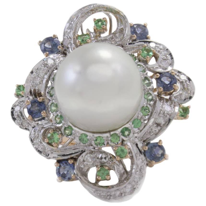 Tsavorite Australian Pearl Blue Sapphire Diamond gold Cluster Ring
