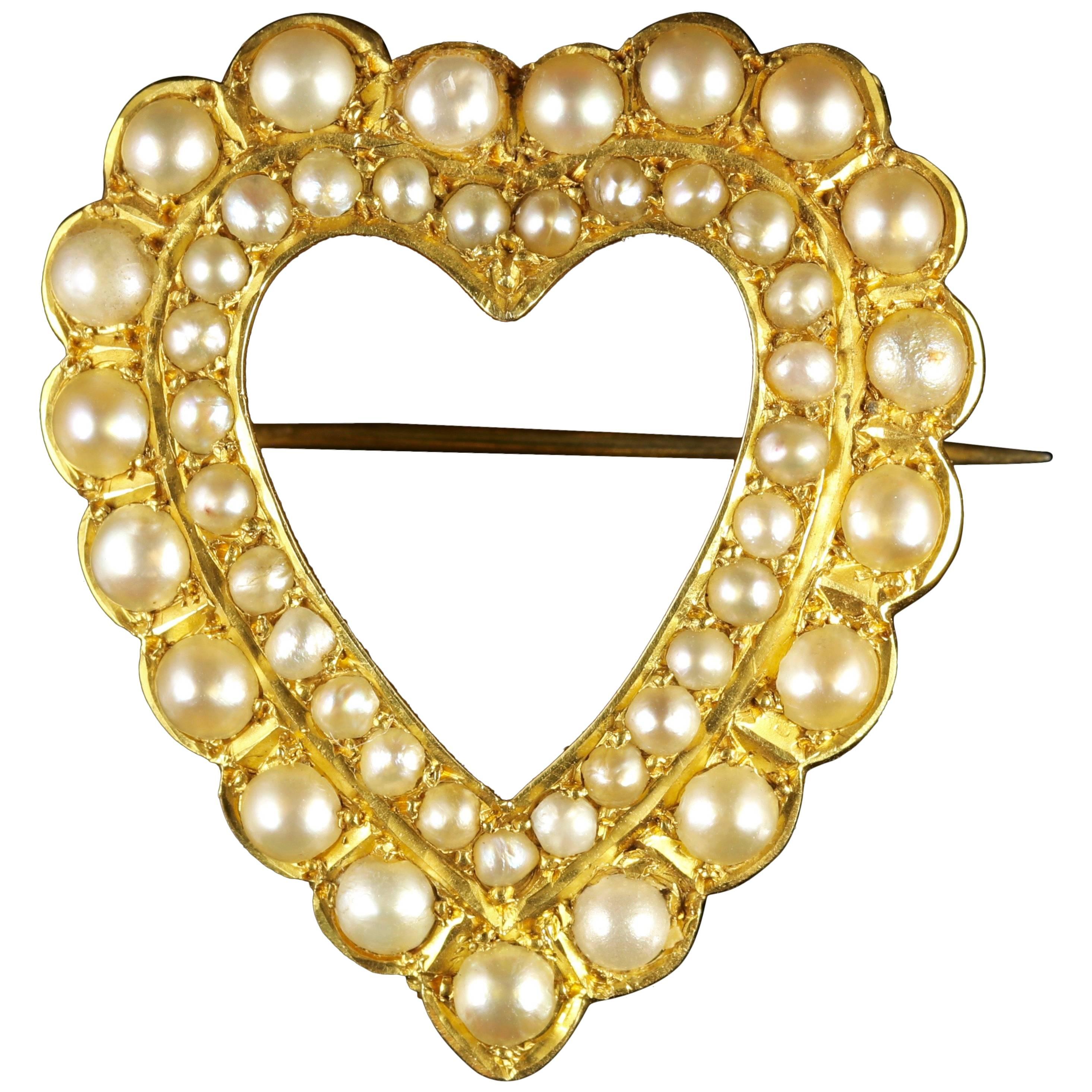Antique Victorian Gold Pearl Heart Brooch 15 Carat Gold, circa 1900