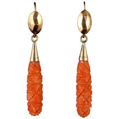 Antique Victorian Long Coral Earrings Gold circa 1880 Day Night Earrings