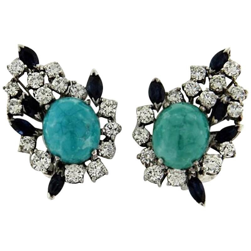Impressive Diamond Turquoise Sapphire Earrings For Sale