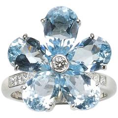 Blue Topaz Diamond White Gold Platinum Flower Ring 12