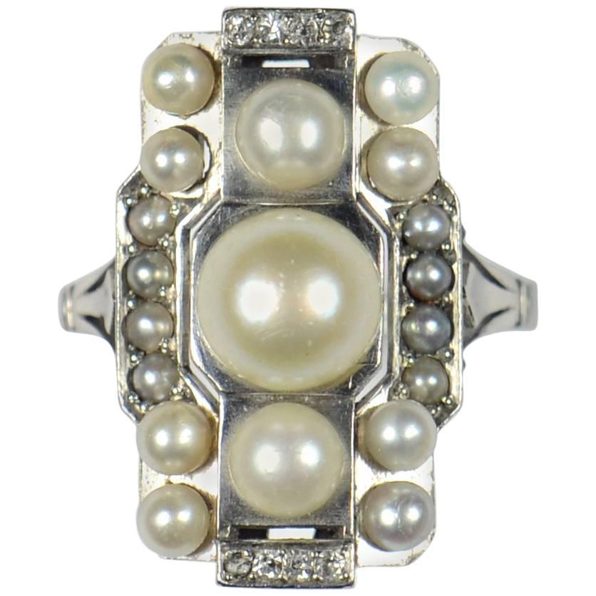 French Art Deco Natural Pearl Diamond Platinum Ring, circa 1930
