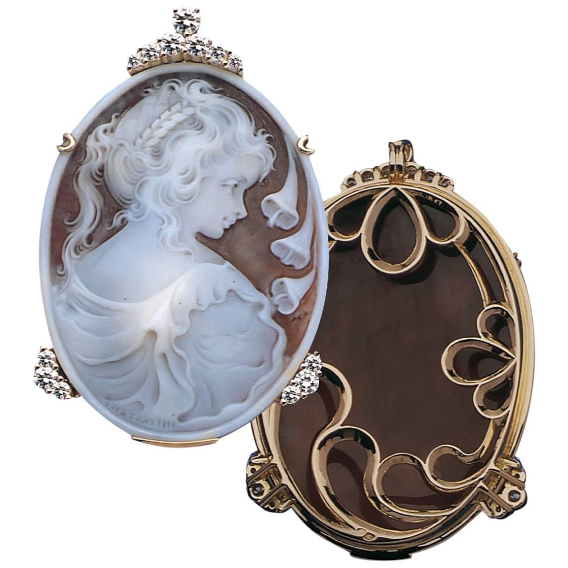 Unique Shell Cameo Diamonds Pendant For Sale