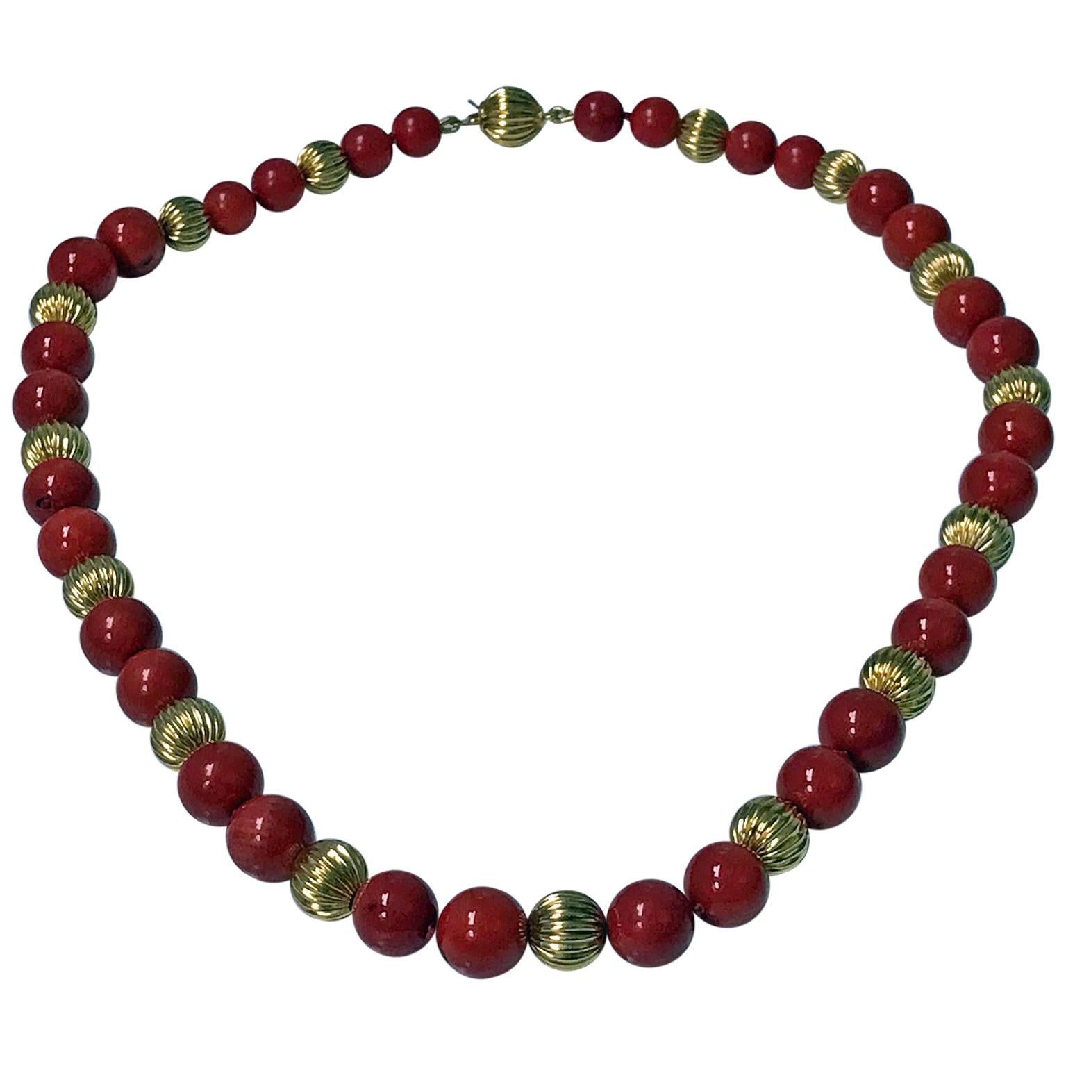 20th Century Natural Red Bead and Gold Necklace