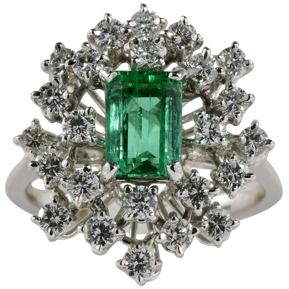 1.70 Carat Natural Colombian Emerald 1.50 Carat Diamond Vintage Cluster Ring For Sale