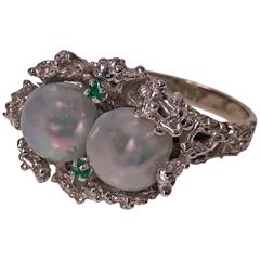 Abstract Modern Nugget Emerald Pearl White Gold Ring circa 1970 6