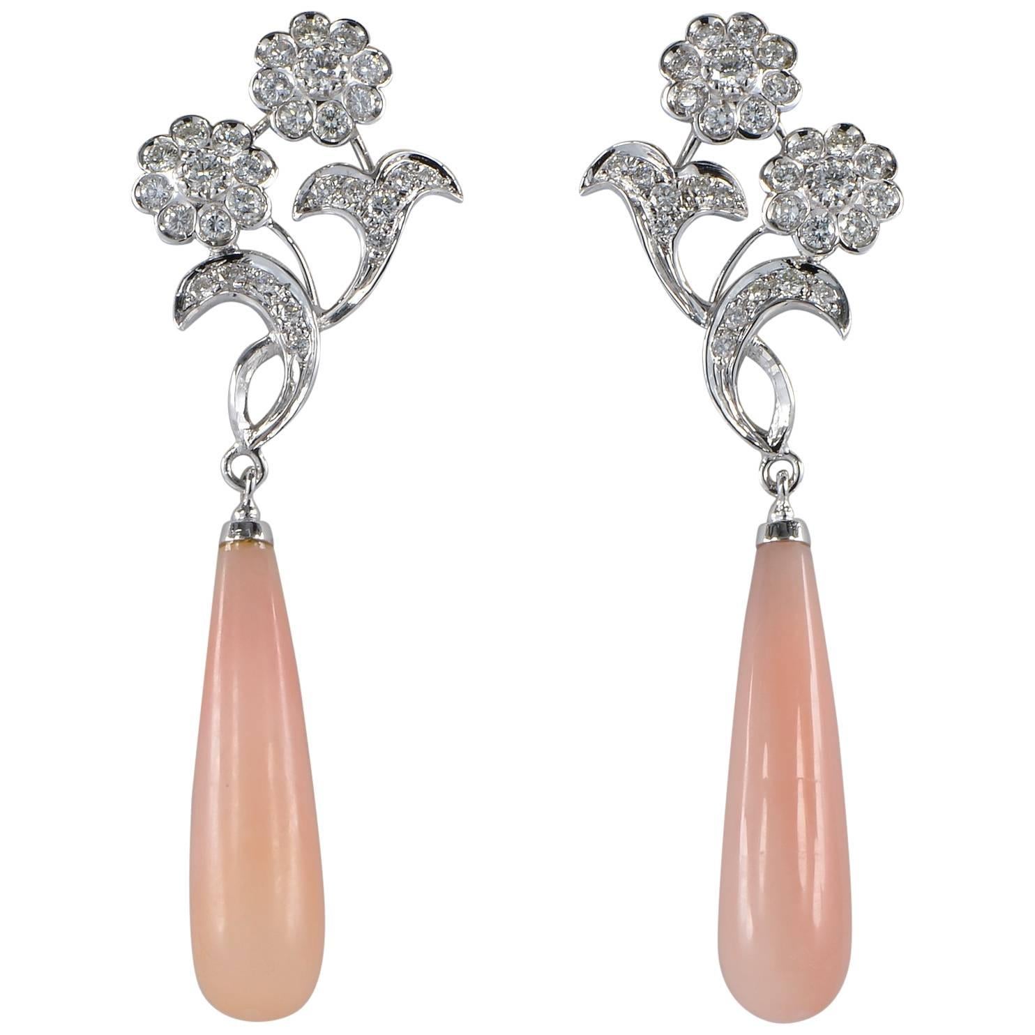 Pink Opal 2.40 Carat Diamond Long Drop Earrings For Sale