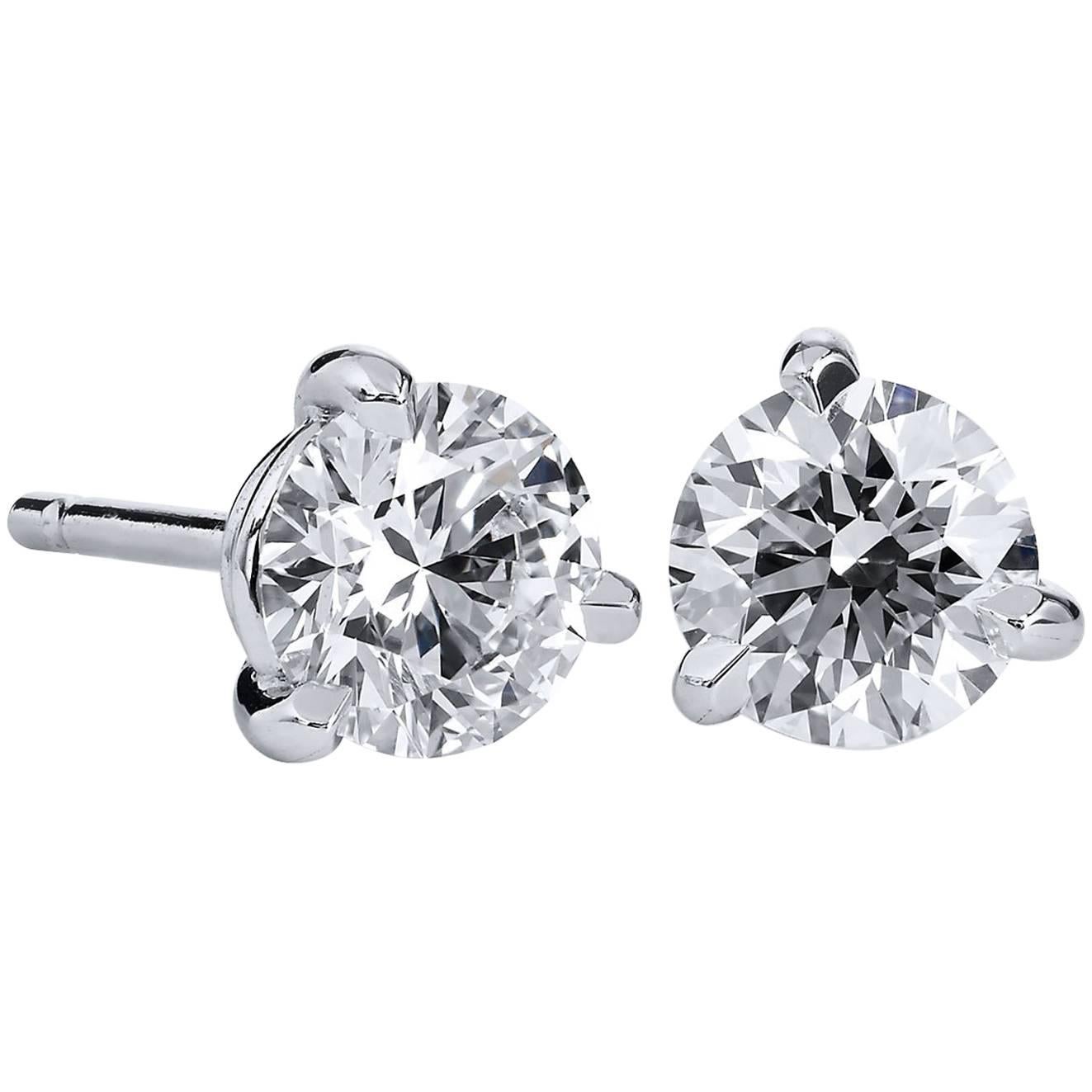 H & H 1.23 Carat Round Cut Diamond Stud Earrings