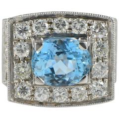 3.00 Carat Deep Blue Aquamarine 1.10 Carat Diamond Retro Ring 4
