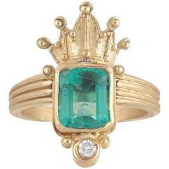 1970s Emerald Diamond Gold Coronet Ring