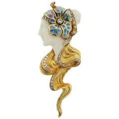 Masriera Spain Enamel Diamond Gold Brooch Pendant