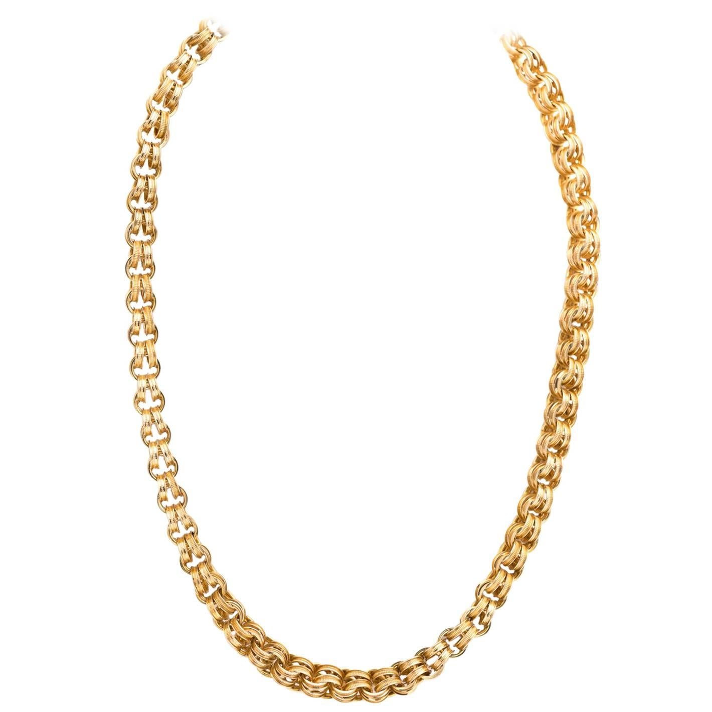 Antique Gold Chain Textured Double Loop Necklace 