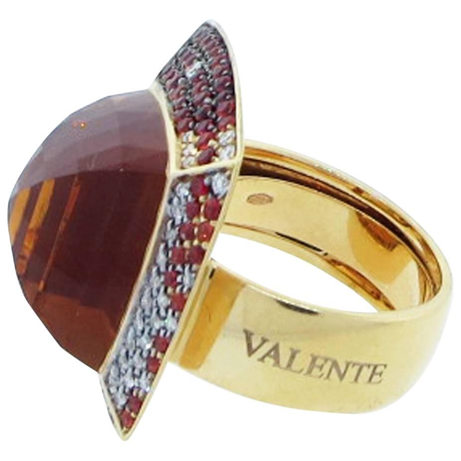 VALENTE of Italy Contemporary Pyramid Shape Citrine Sapphire Diamond Ring For Sale