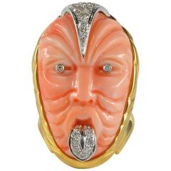 Rare Coral Maori Mask Diamond Vintage Ring