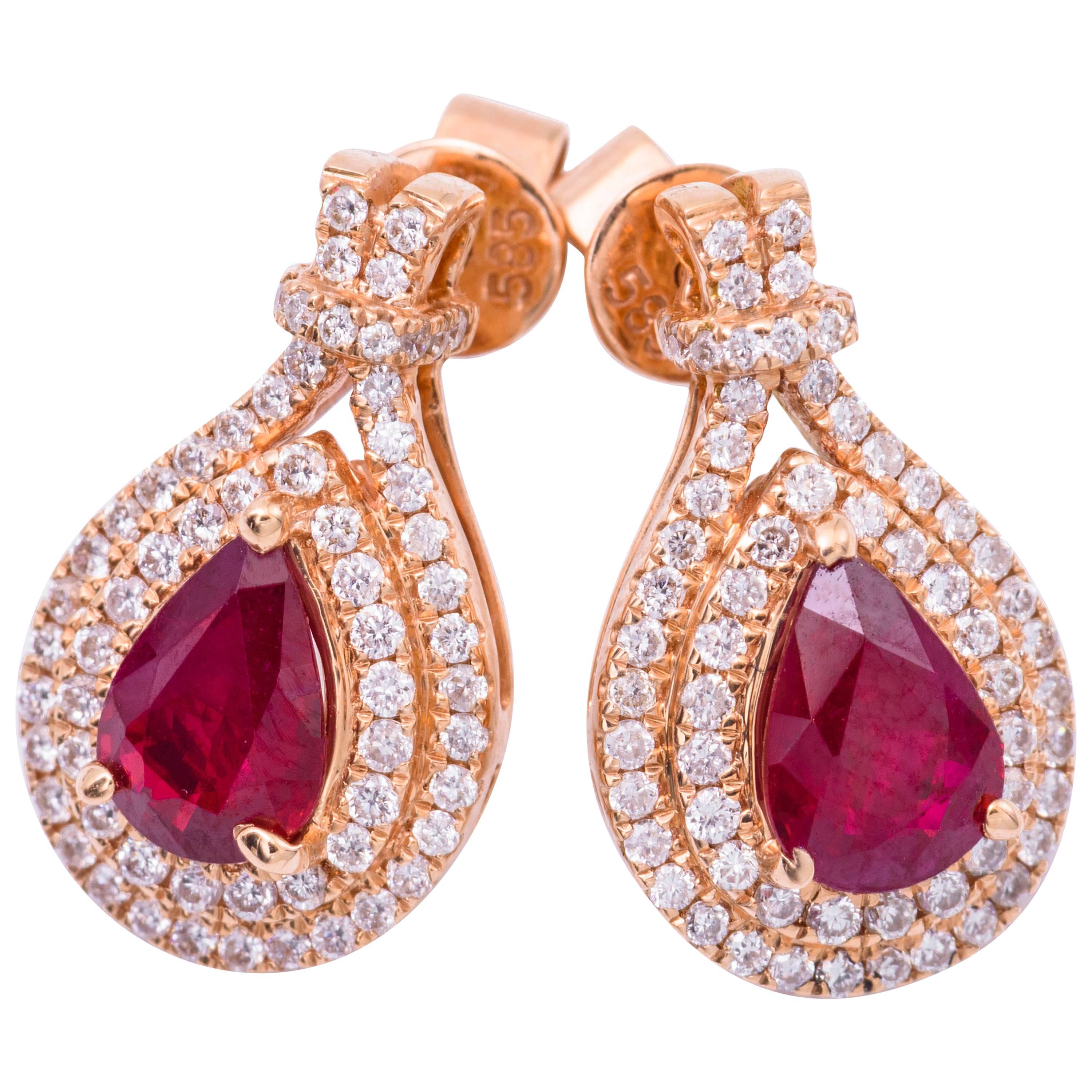 Pear Shape Ruby Diamond Rose Gold Earrings