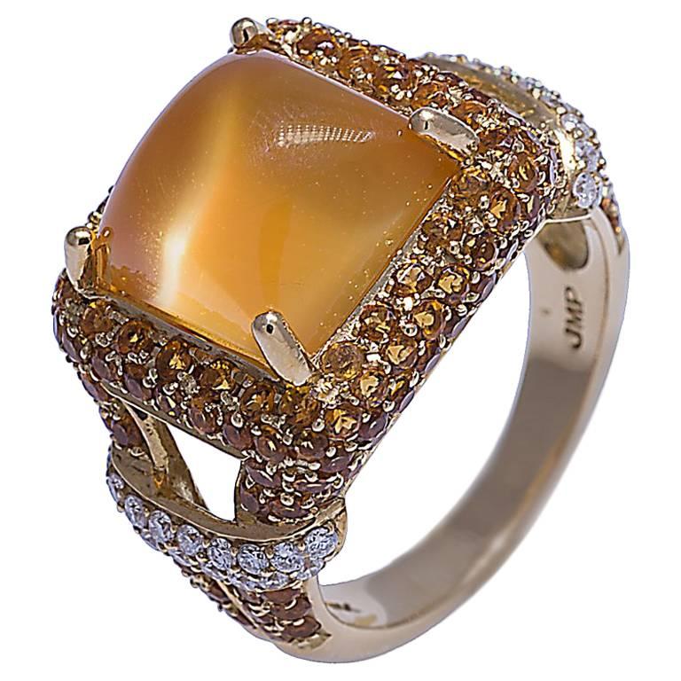 Citrine Cabochon Yellow Sapphire Diamond 18K Gold Ring For Sale