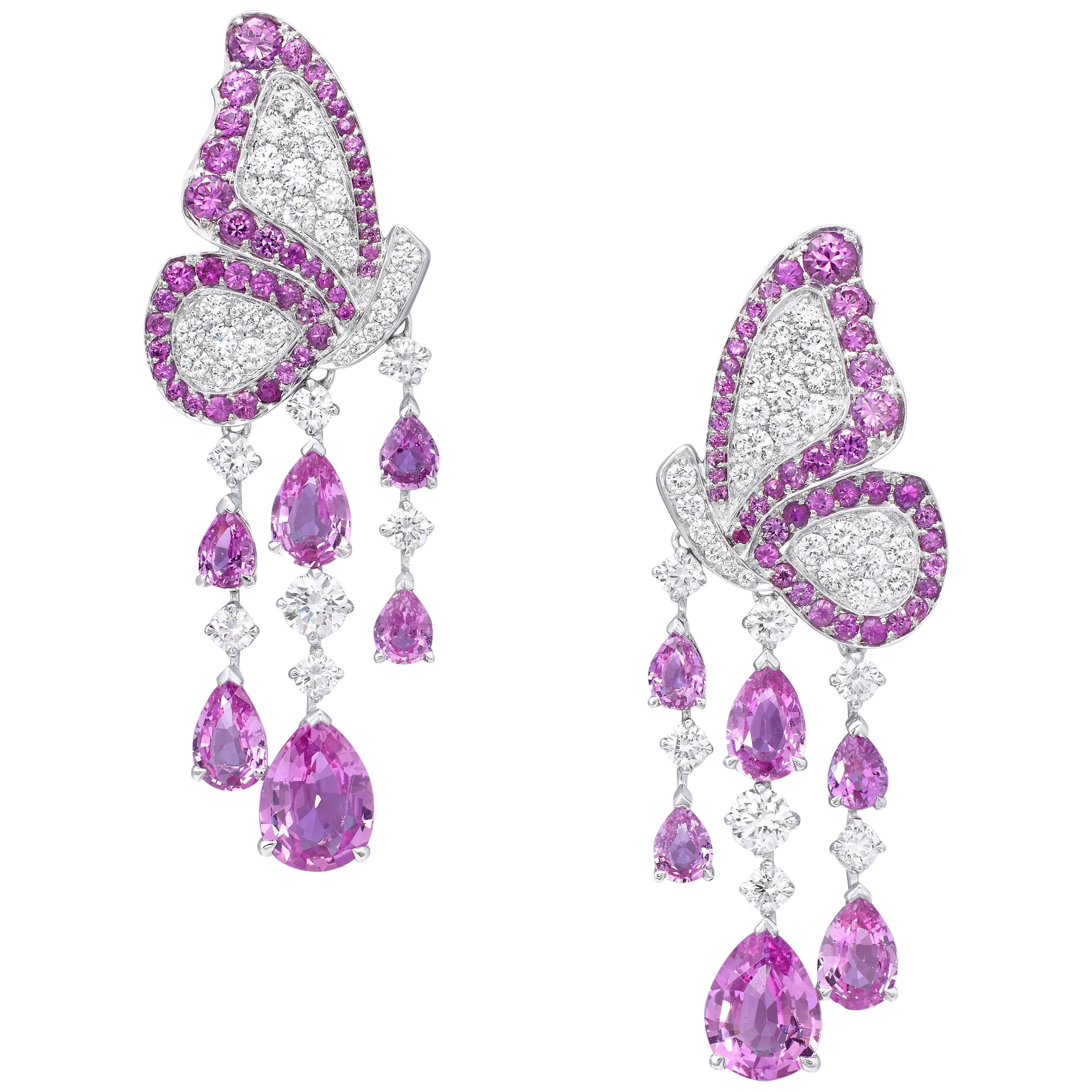 White Gold, White Diamond and Pink Sapphire Dangle Earrings