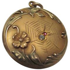 Victorian Gold Filled Spider and Web Diamond Ruby Gold Locket