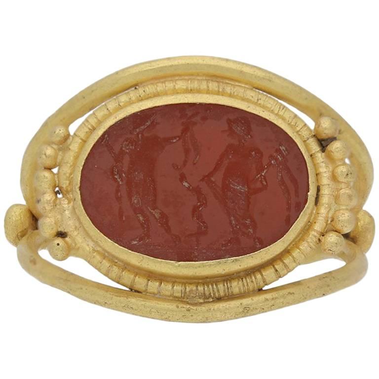 Ancient Roman Apollo and Salus Intaglio Ring, circa 3rd-4th Century AD