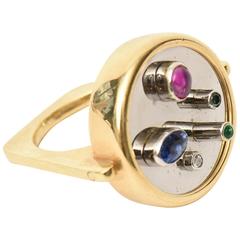 Modernist Sapphire, Ruby, Emerald 18K Yellow&White Gold Dome Ring 11