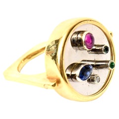 Modernist Sapphire, Ruby, Emerald and 18 Karat Yellow and White Gold Dome Ring