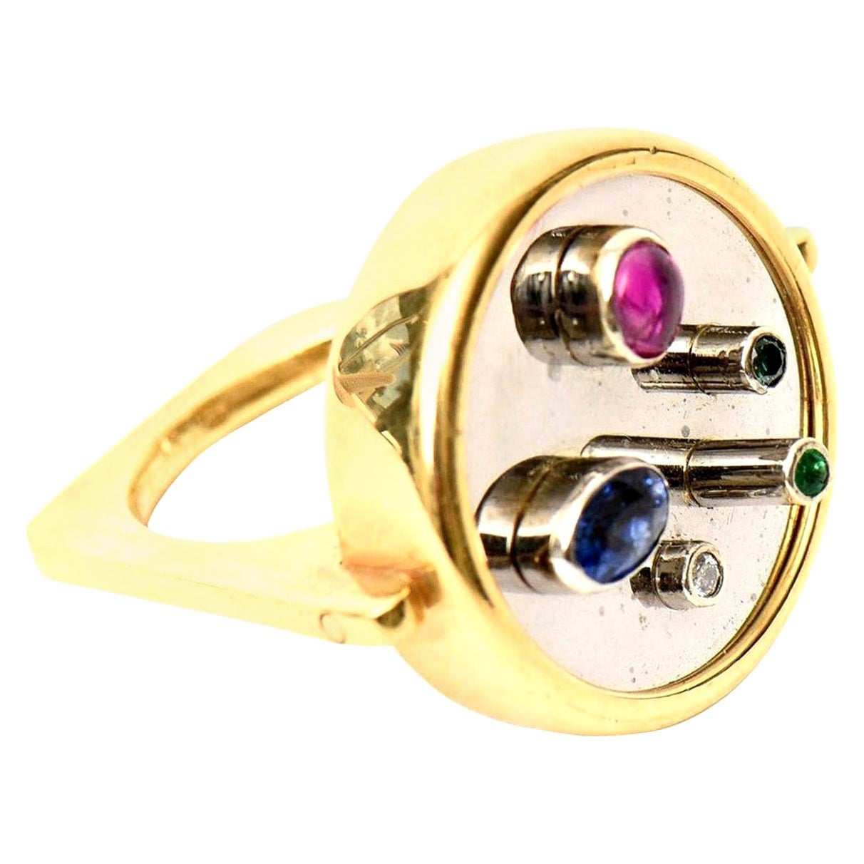 Modernist Sapphire, Ruby, Emerald and 18 Karat Yellow and White Gold Dome Ring For Sale