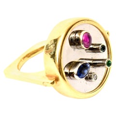 Retro Modernist Sapphire, Ruby, Emerald and 18 Karat Yellow and White Gold Dome Ring