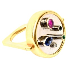 Modernist Sapphire, Ruby, Emerald and 18 Karat Yellow and White Gold Dome Ring