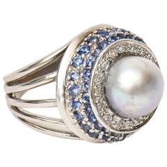 White Gold Cultured Pearl Diamond Sapphire Dome Cocktail Ring 6