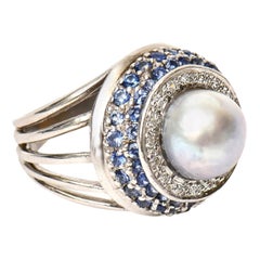 14 Karat Gold, Cultured Pearl, Diamond and Sapphire Dome Cocktail Ring Vintage