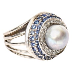 Vintage !4 Karat Gold, Cultured Pearl, Diamond and Sapphire Dome Cocktail Ring 