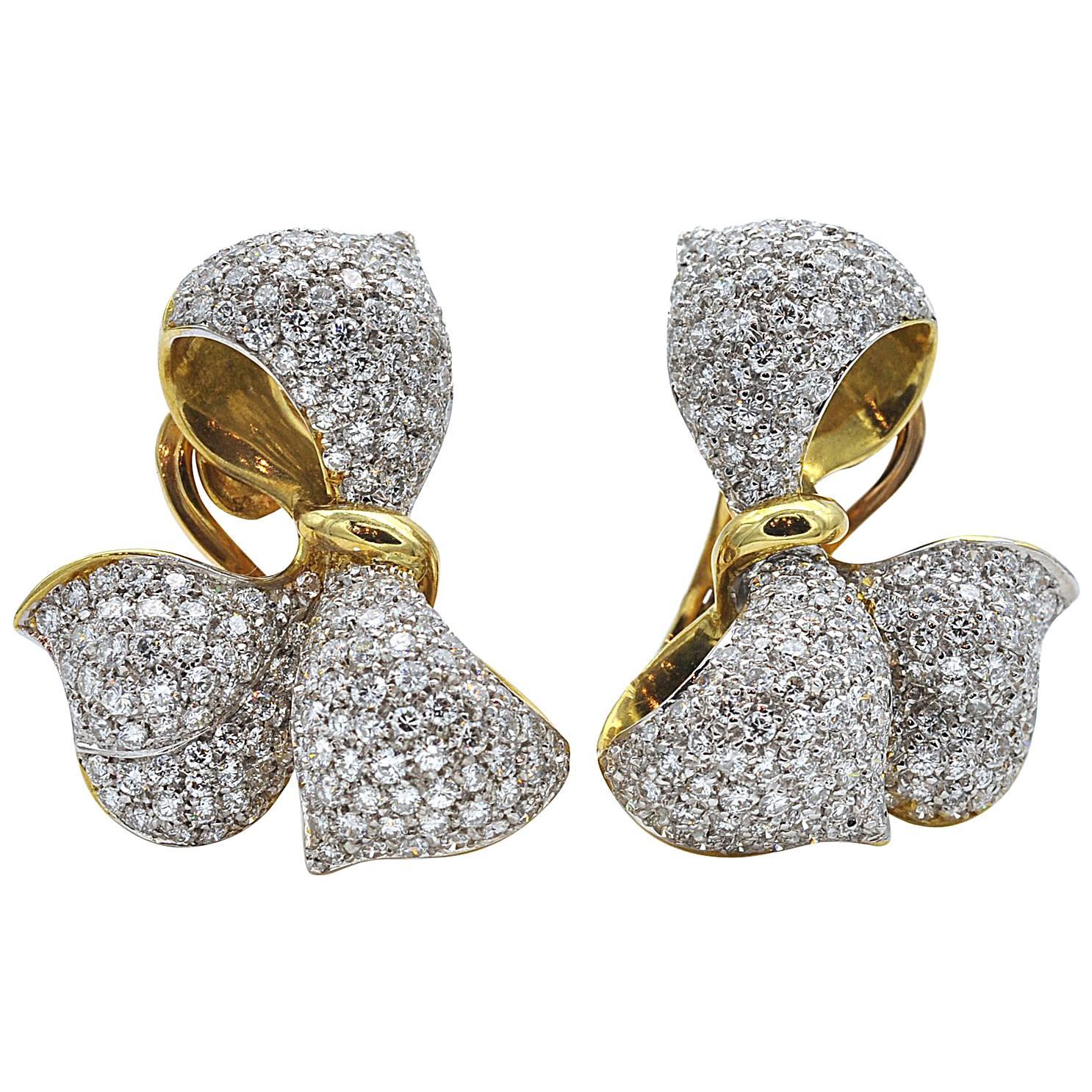 Diamond and 18 Karat Gold Bow Earrings