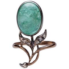 Antique Art Nouveau Russian Cabochon Emerald Rose Cut Diamond Gold Ring