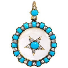 Antique Crystal Turquoise Diamond Gold Locket Pendant with Star Center