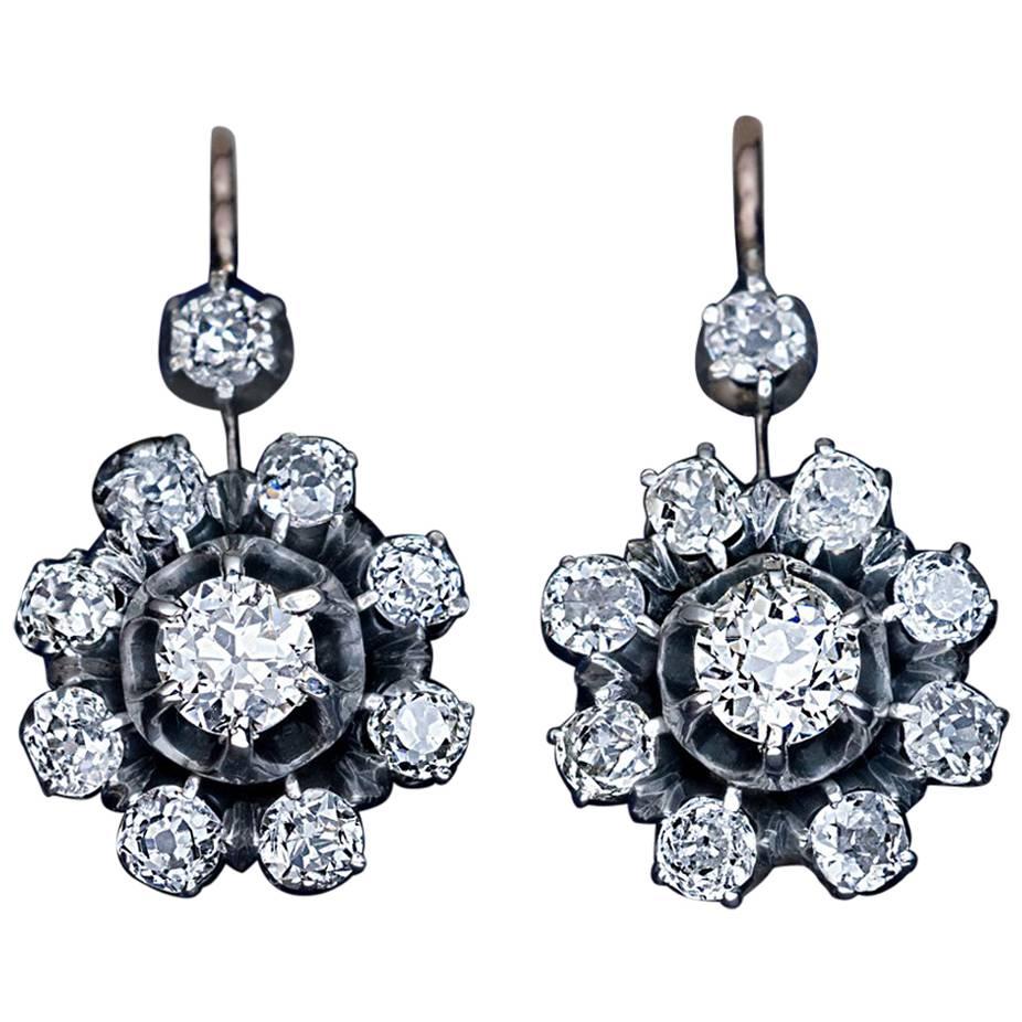 Antique Russian 2.50 Carat Diamond Silver-Topped Gold Snowflake Earrings