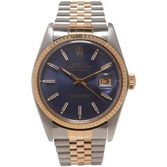 Rolex Stainless Steel Yellow Gold Navy Dial Oyster Perpetual Datejust Wristwatch