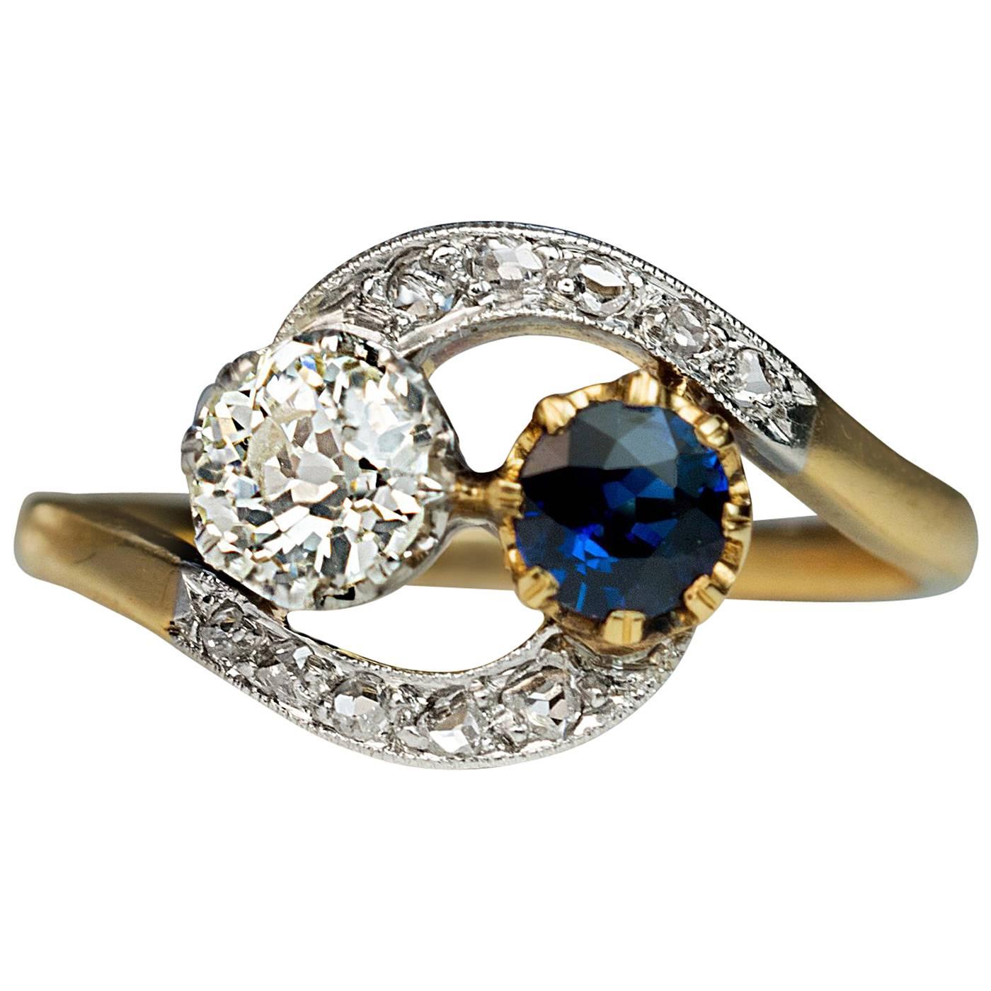 Antique French Sapphire Diamond Crossover Engagement Ring