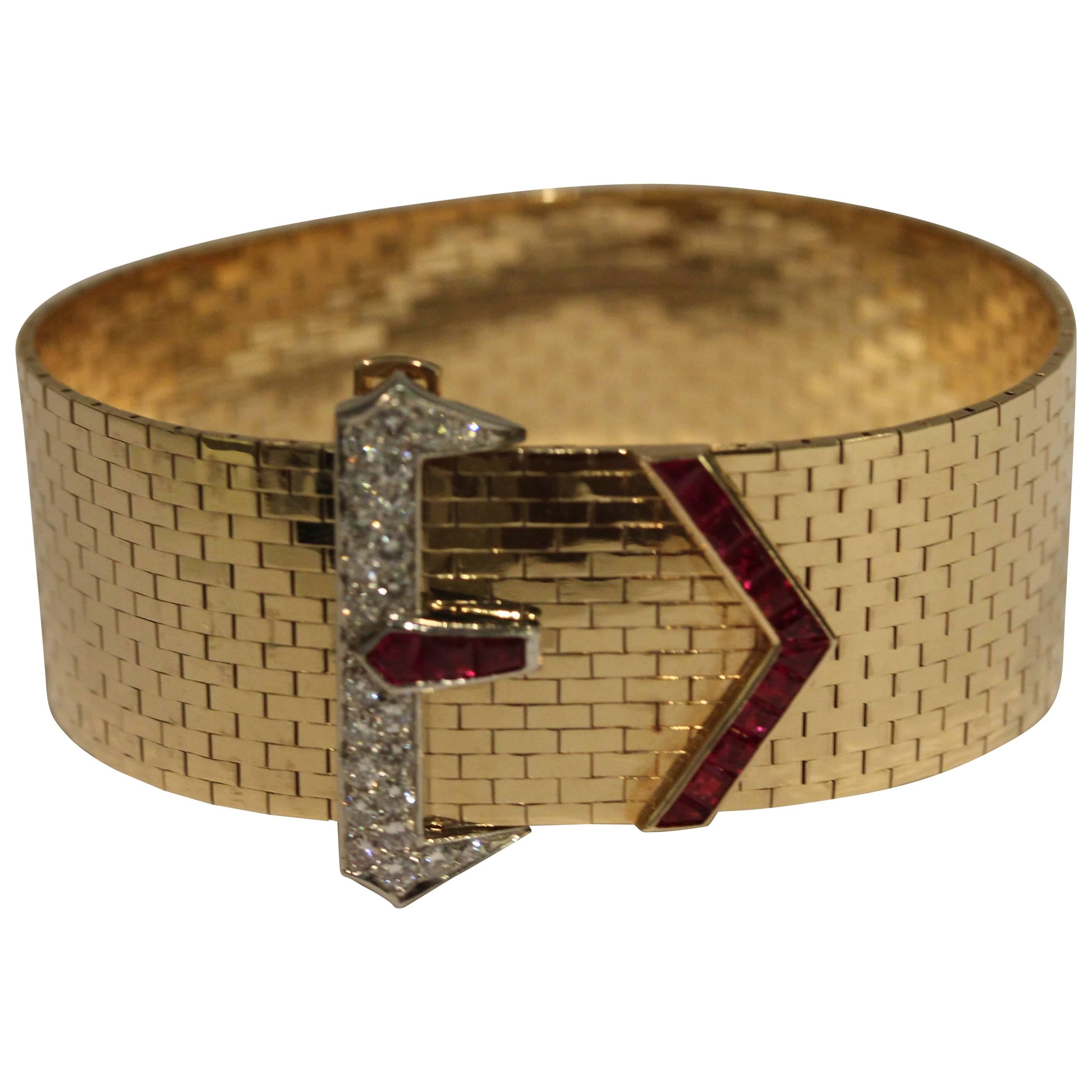 Tiffany & Co. Ruby Diamond Gold Buckle Bracelet