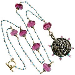 Turquoise Pink Topaz Pink Quartz Victorian Sterling Pin Wheel Necklace