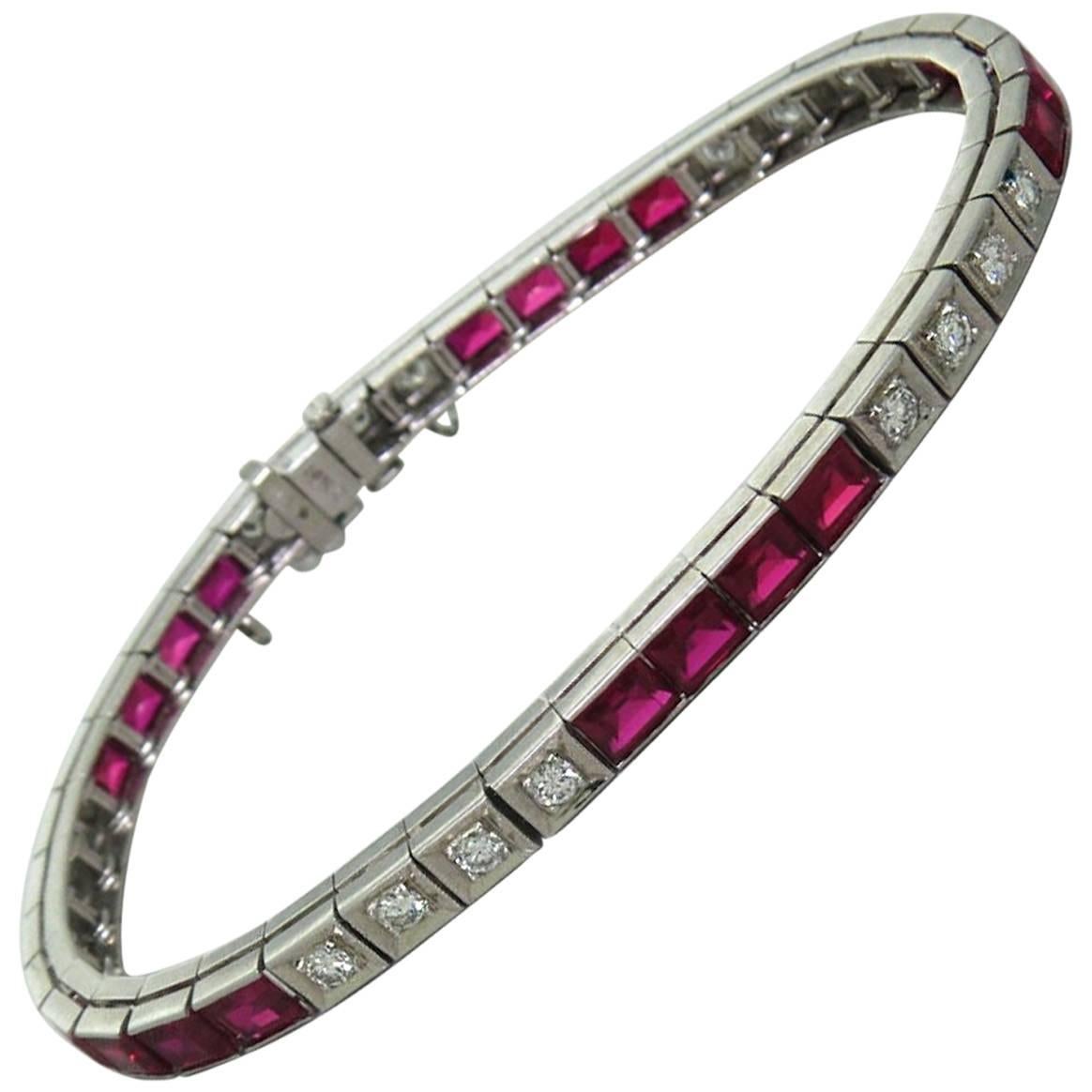 1950s Synthetic Ruby Diamond Gold Line Tennis Bracelet