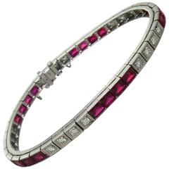 1950s Synthetic Ruby Diamond Gold Line Tennis Bracelet