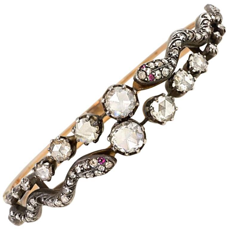 Antique Rose-Cut Diamond Gold Double Serpent Bracelet