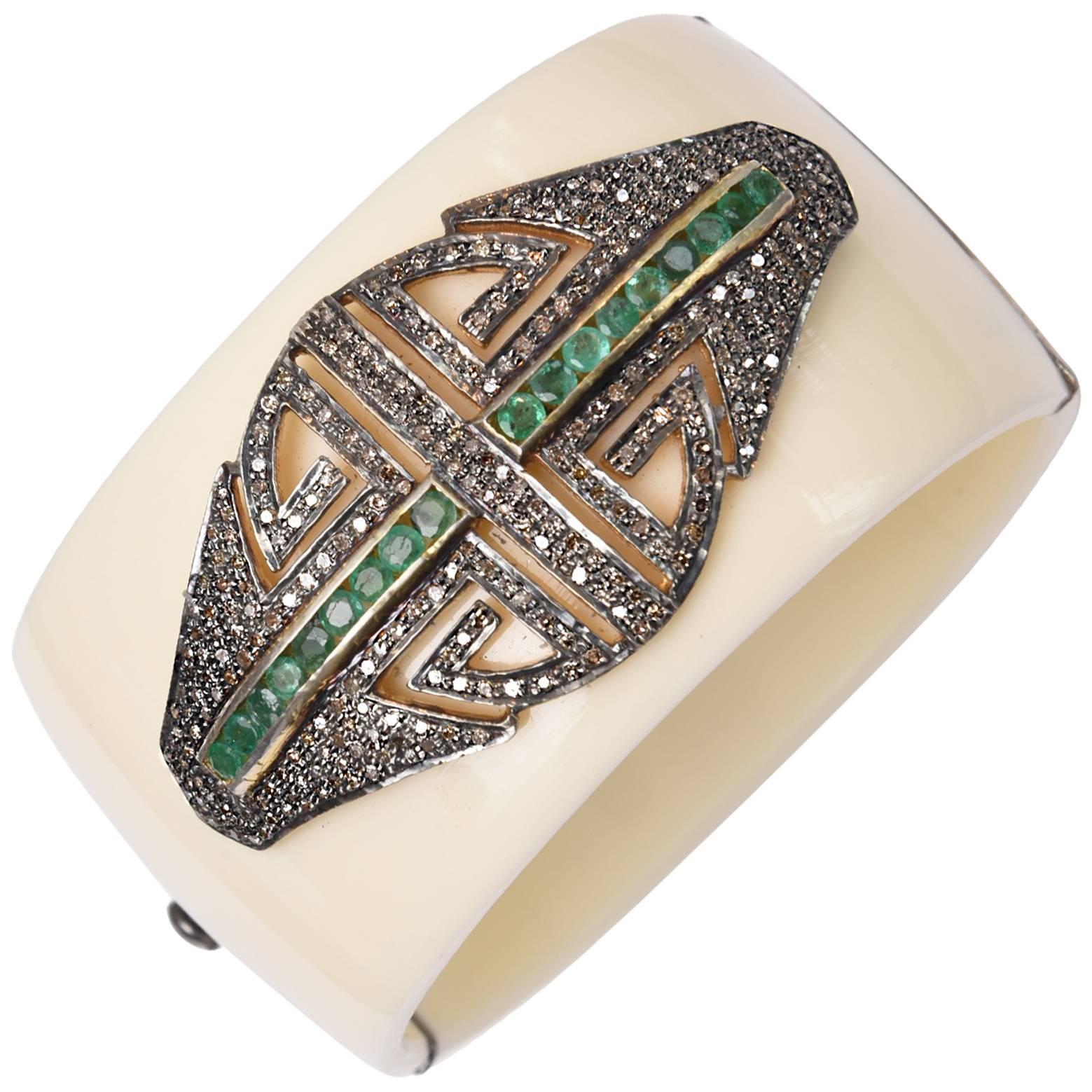 Diamonds and Emeralds on Bakelite Cuff bracelet 