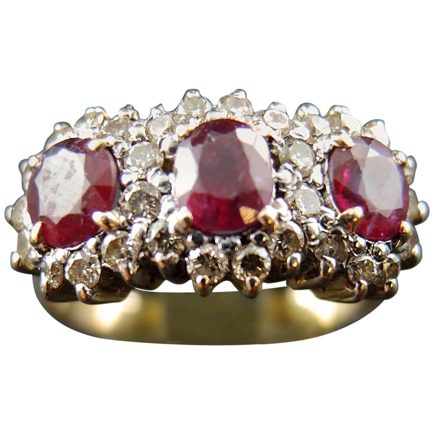 Three-Stone Ring with Rubies and Diamonds, 14 Karat Gold For Sale