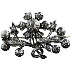 Antique Flower Brooch, Gold and Silver, Rose Cut Diamonds, Napoleon III